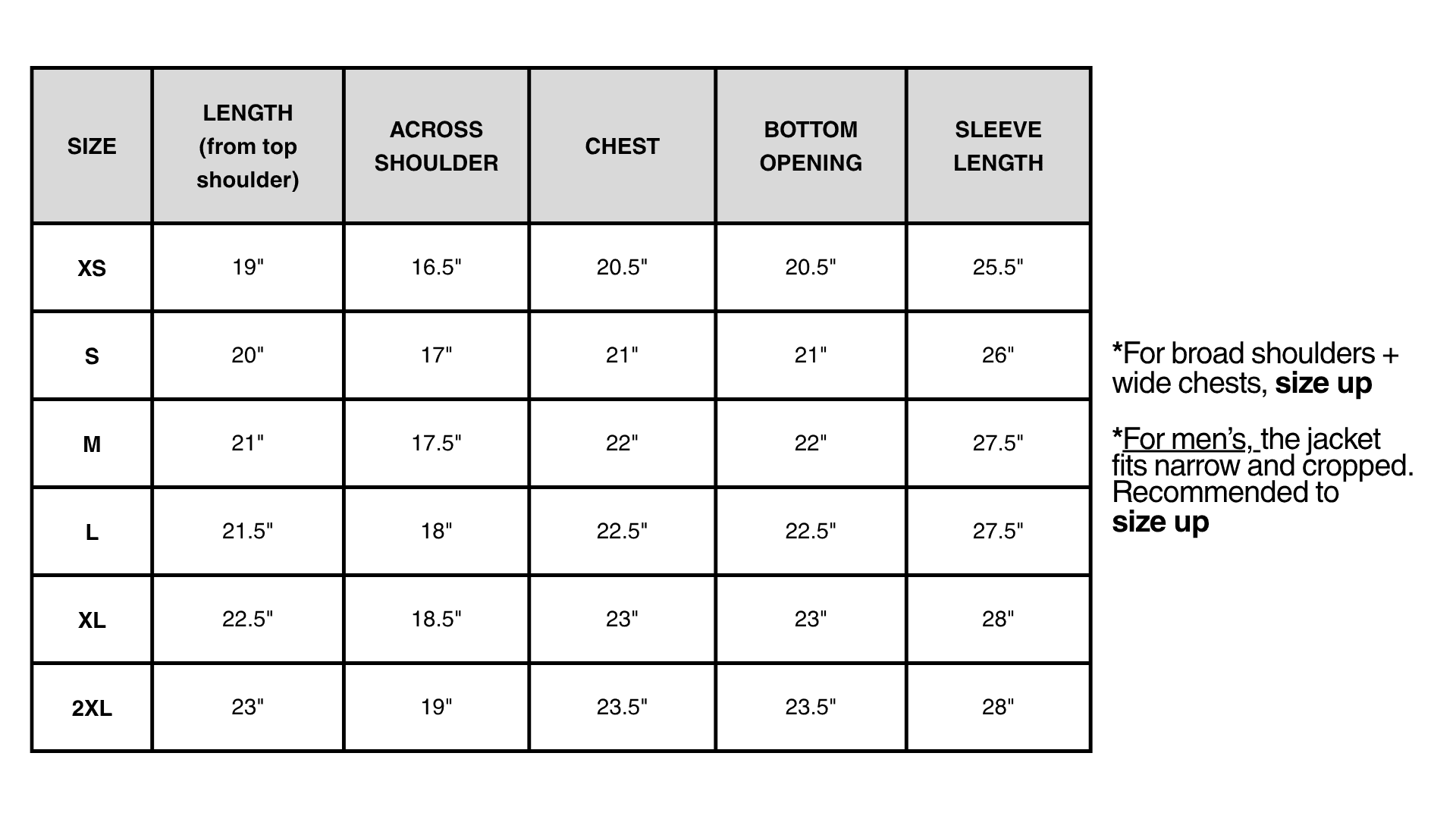 Jacket size chart