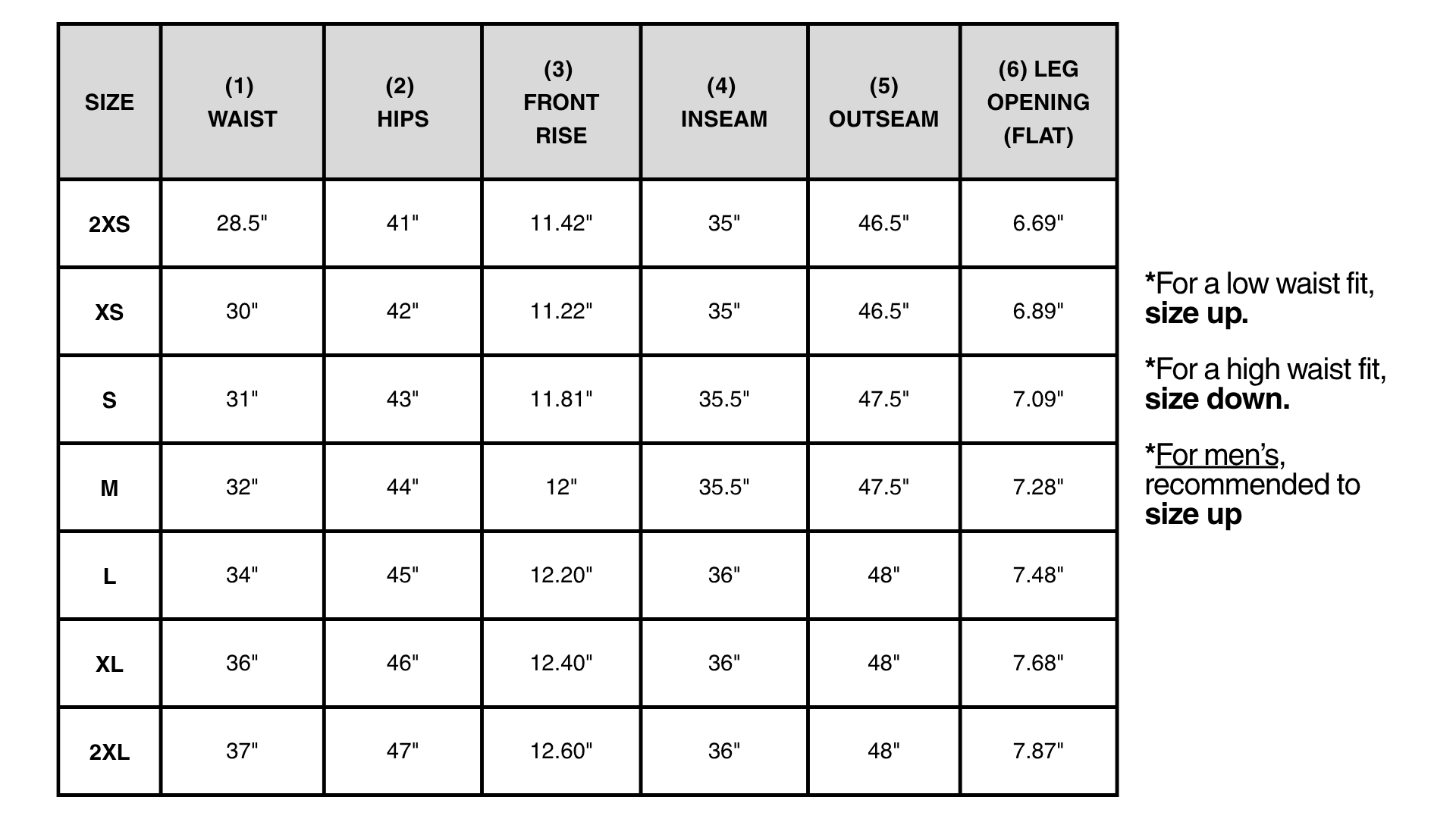 Pants size chart